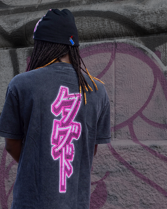 Black Japanese graffiti streetwear t-shirt back view on body