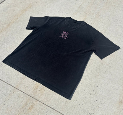 Black Japanese graffiti streetwear t-shirt front view close up