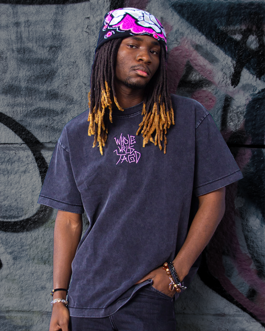 Black Japanese graffiti streetwear t-shirt front view on body