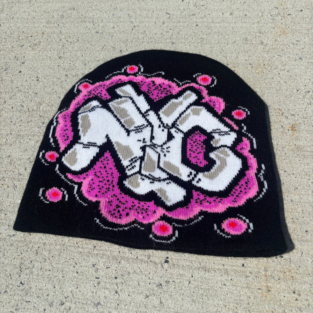 Black NYC graffiti beanie front view