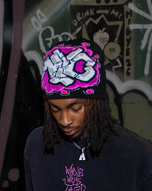Black NYC graffiti beanie front view on body