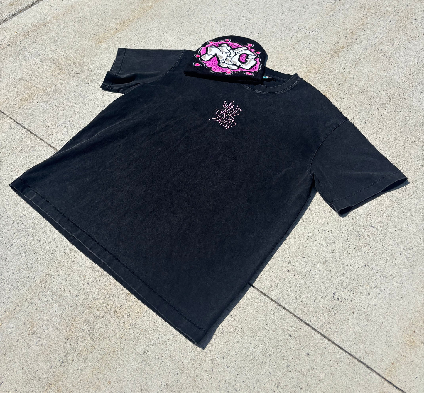 Streetwear graffiti tee and beanie bundle front view