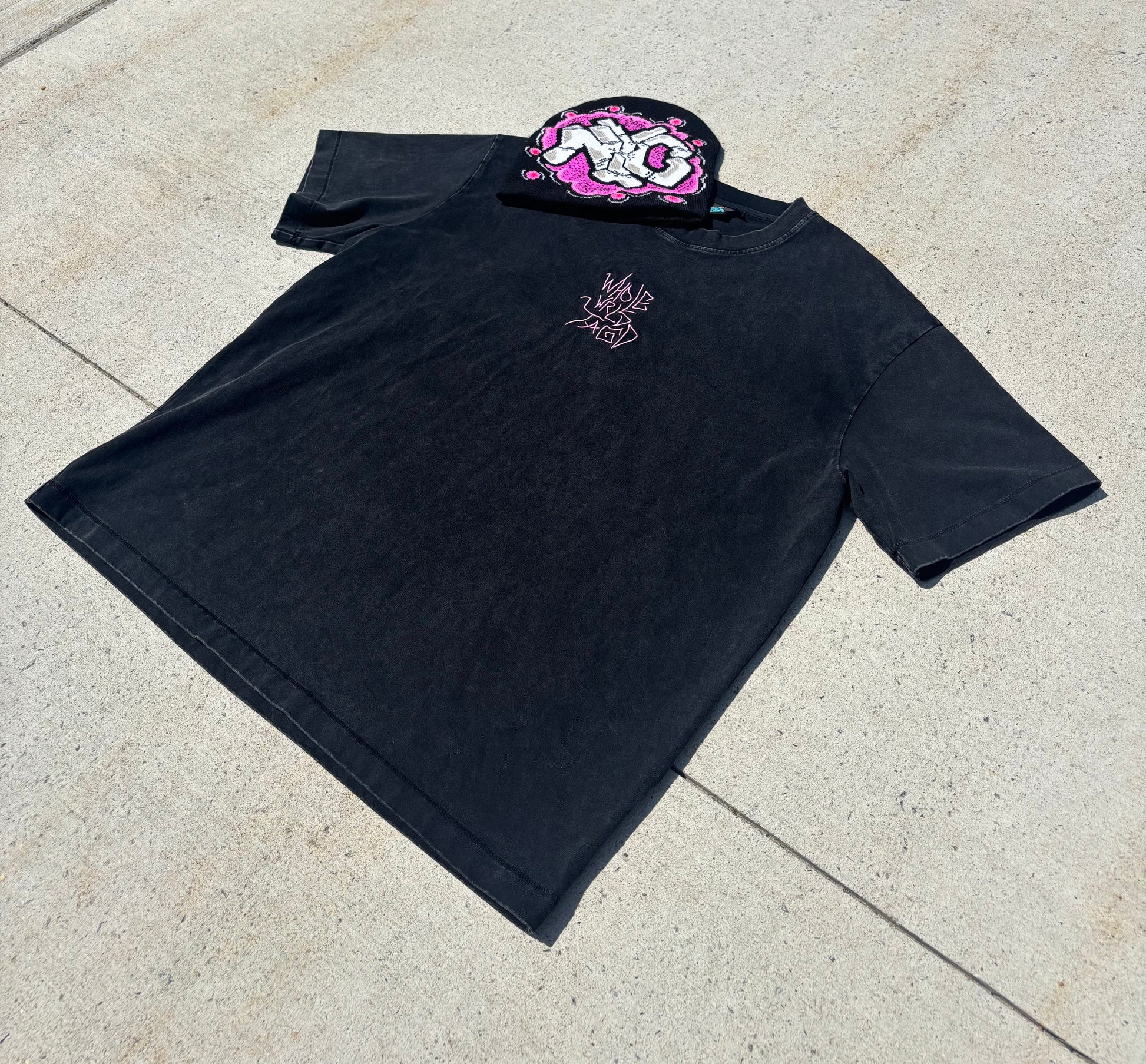 Streetwear graffiti tee and beanie bundle front view