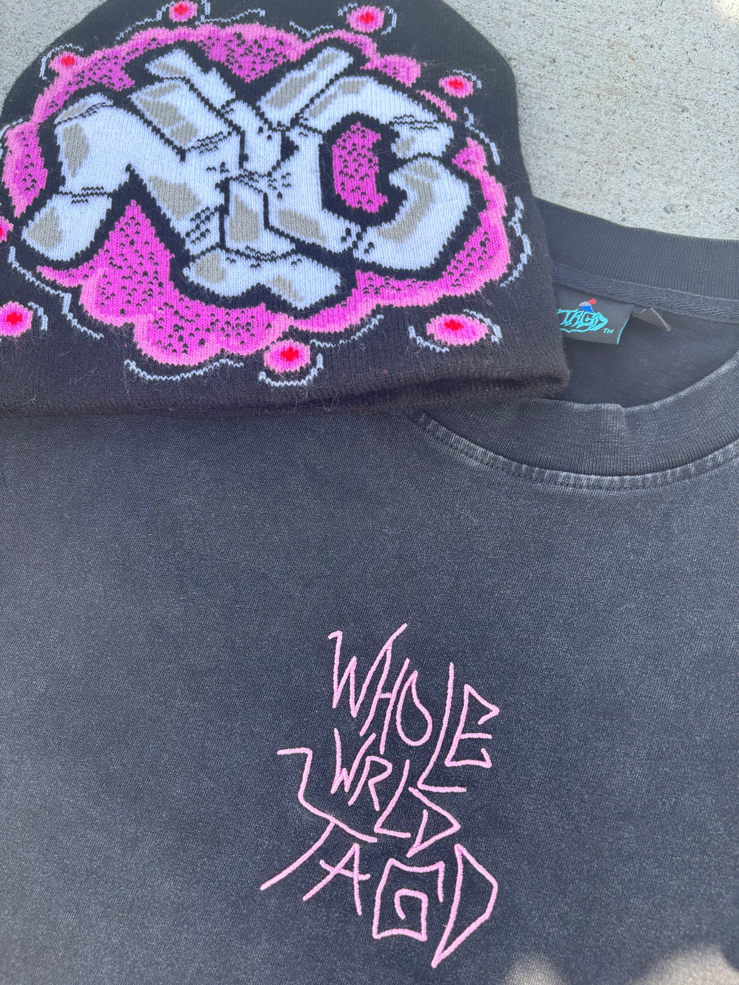 Streetwear graffiti tee and beanie bundle front view close up