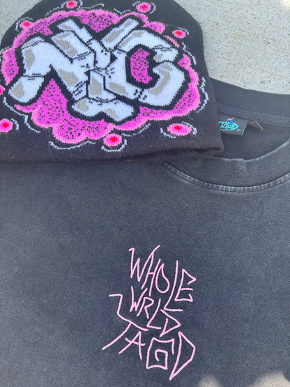 Streetwear graffiti tee and beanie bundle front view close up