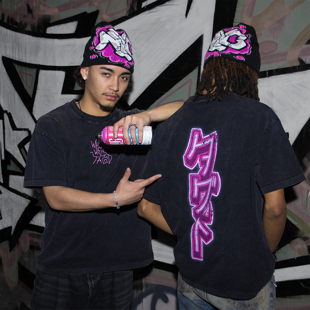 Streetwear graffiti tee and beanie bundle on body